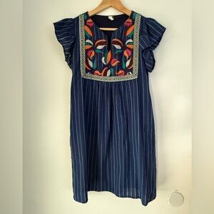 L Love Women's Dress Medium Mexican Styke Embroidered Flowers Blue